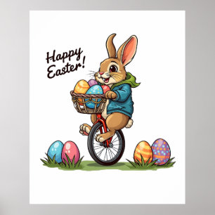 Happy Easter Bunny on a Unicycle with basket of Eg Poster