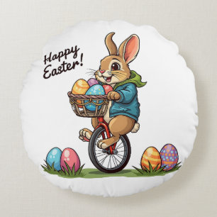 Happy Easter Bunny on a Unicycle with basket of Eg Round Cushion