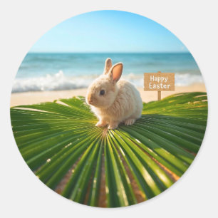 Happy Easter Bunny on Palm Branch on Beach Classic Round Sticker