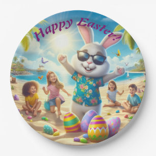 Happy Easter Bunny on the Beach Paper Plate