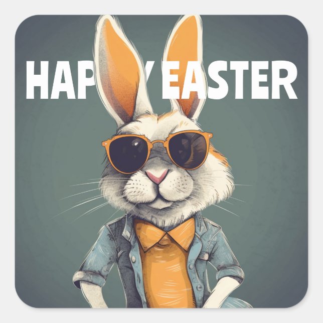 Happy Easter Bunny Orange Sunglasses Funny Square Sticker (Front)