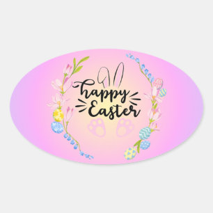 Happy Easter Bunny Outline Pretty Pastel Oval Sticker