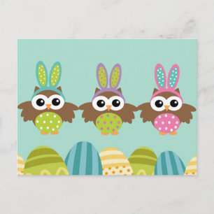 Happy Easter Bunny Owls Holiday Postcard