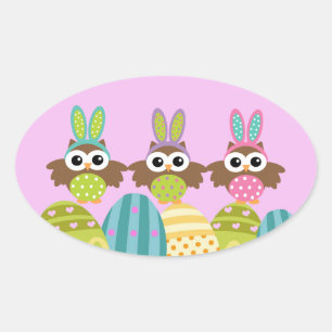 Happy Easter Bunny Owls Oval Sticker