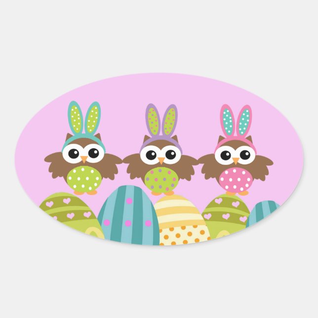 Happy Easter Bunny Owls Oval Sticker (Front)