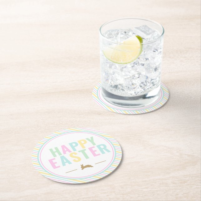 Happy Easter Bunny Pastel Stripe Round Paper Coaster (Insitu)