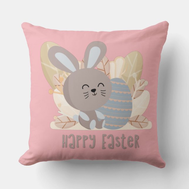 Happy Easter Bunny Peach Polka Dot Pillow (Front)