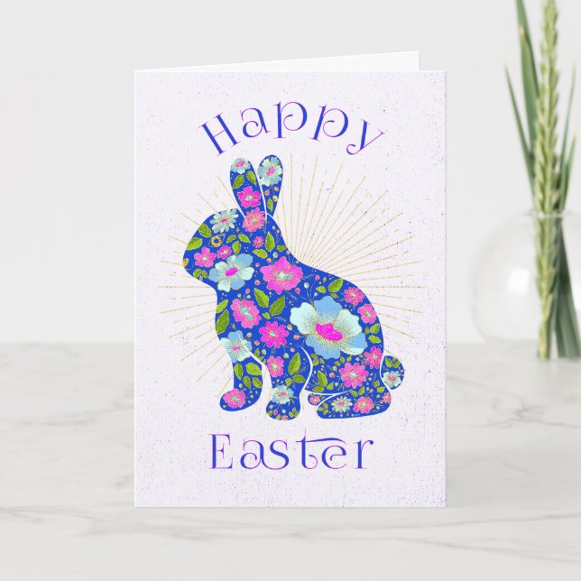 Happy Easter Bunny Personalised Floral Colourful Holiday Card (Front)