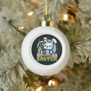 Happy Easter Bunny Pixel Game  Ceramic Ball Christmas Ornament