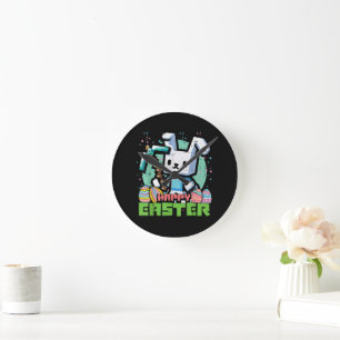 Happy Easter Bunny Pixel Game  Round Clock