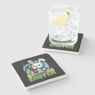 Happy Easter Bunny Pixel Game  Stone Coaster