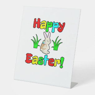 Happy Easter Bunny Rabbit Eggs Pedestal Sign