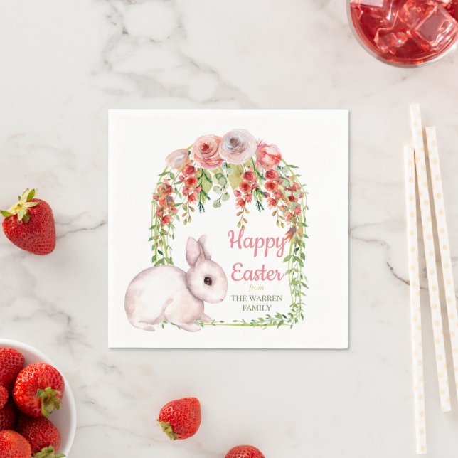 Happy Easter Bunny Rabbit Floral Frame Napkin (Insitu)