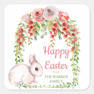 Happy Easter Bunny Rabbit Floral Frame Square Sticker