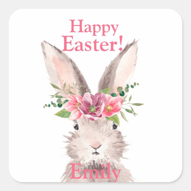Happy easter Bunny rabbit flower pastel pink Square Sticker (Front)