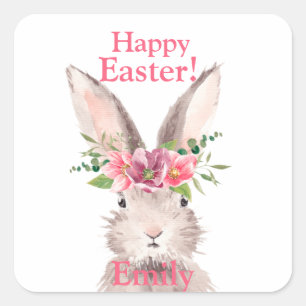 Happy easter Bunny rabbit flower pastel pink Square Sticker