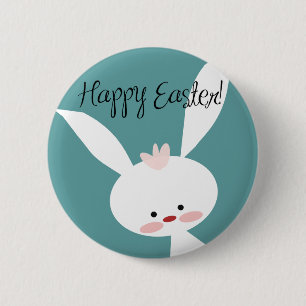 Happy Easter bunny rabbit on blue teal background 6 Cm Round Badge