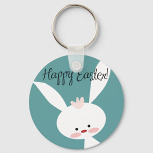 Happy Easter bunny rabbit on blue teal background Key Ring