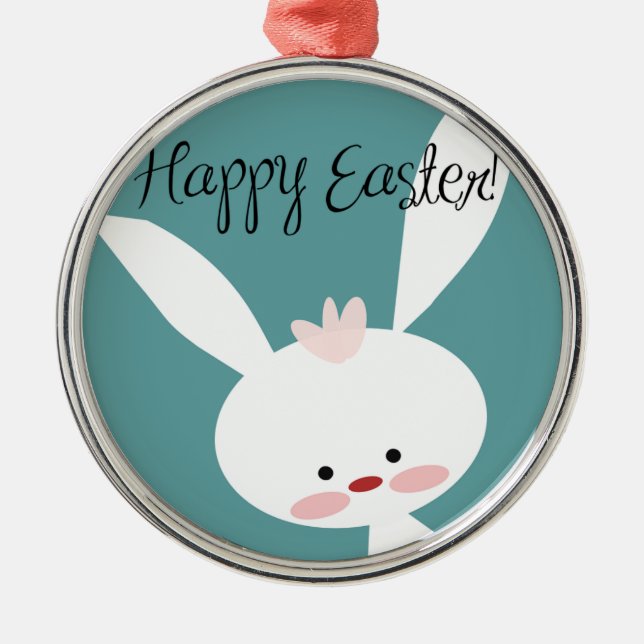 Happy Easter bunny rabbit on blue teal background Metal Tree Decoration (Front)