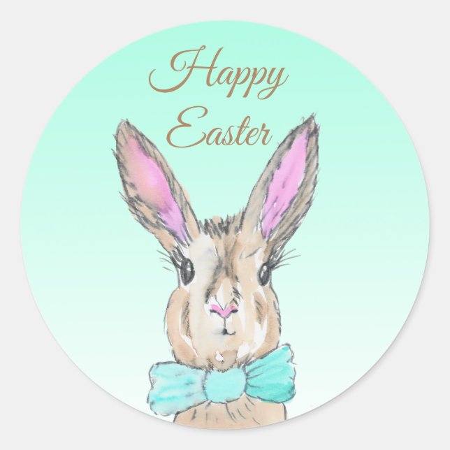 Happy  Easter Bunny Rabbit Watercolor Classic Round Sticker (Front)