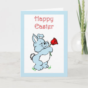 HAPPY EASTER BUNNY RABBITS BLUE HOLIDAY CARD