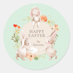 Happy Easter Bunny Rabbits Floral Personalised Classic Round Sticker