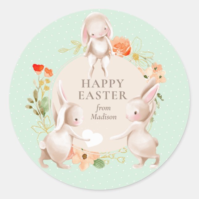 Happy Easter Bunny Rabbits Floral Personalised Classic Round Sticker (Front)