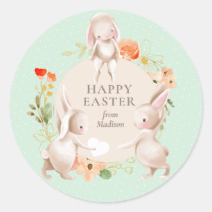 Happy Easter Bunny Rabbits Floral Personalised Classic Round Sticker
