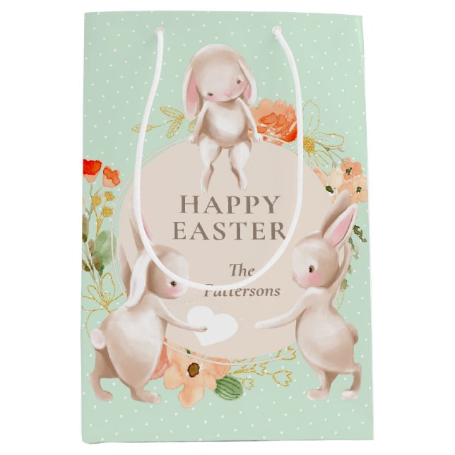 Happy Easter Bunny Rabbits Floral Personalised Medium Gift Bag (Front)