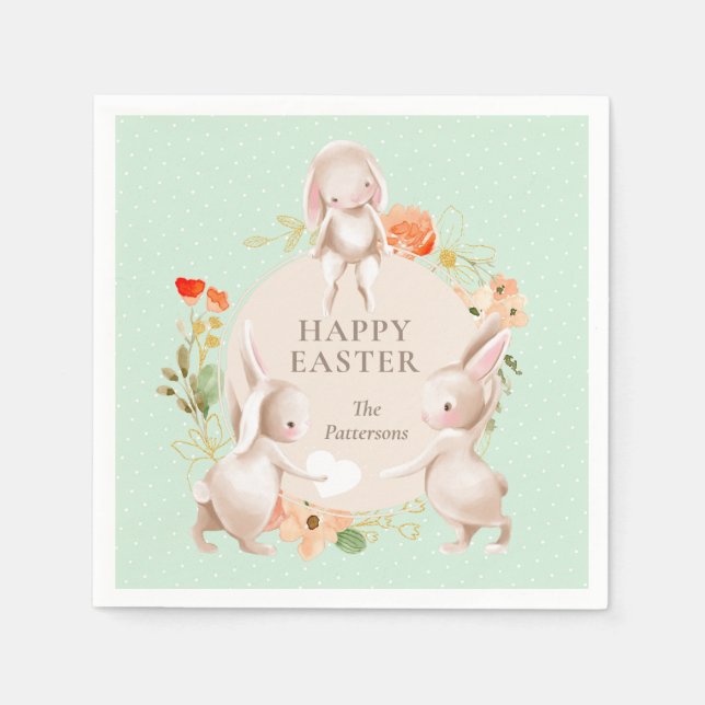 Happy Easter Bunny Rabbits Floral Personalised Napkin (Front)