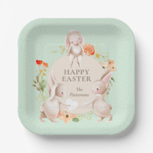 Happy Easter Bunny Rabbits Floral Personalised Paper Plate
