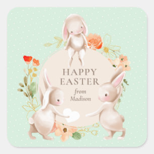 Happy Easter Bunny Rabbits Floral Personalised Square Sticker