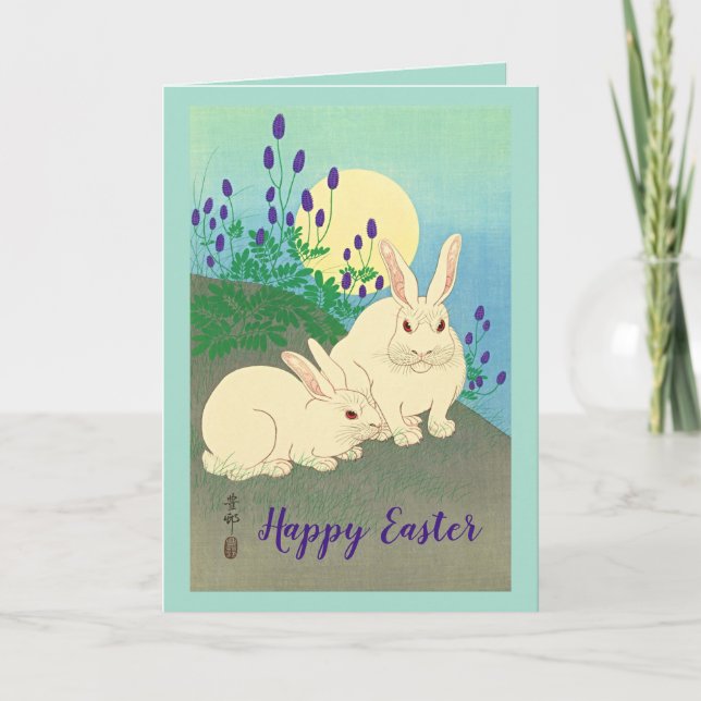 Happy Easter Bunny Rabbits Flowers Moon Blue Thank You Card (Front)