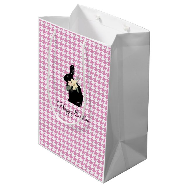 Happy Easter Bunny Silhouette Flowers Houndstooth Medium Gift Bag (Back Angled)