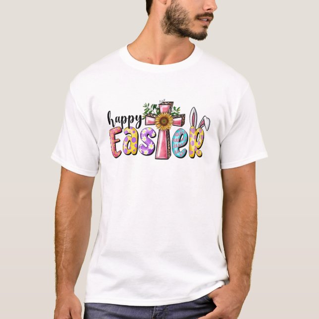Happy Easter Bunny Spring Floral Christian Cross J T-Shirt (Front)