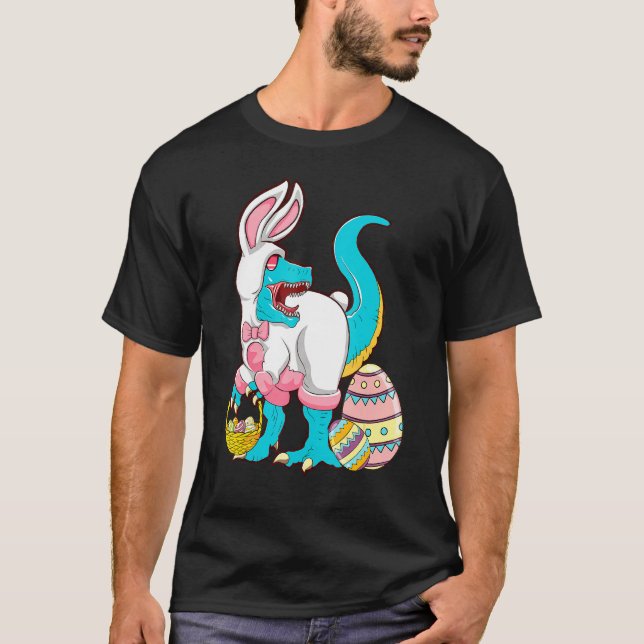 Happy Easter Bunny T Rex With Eggs Busket T-Shirt (Front)