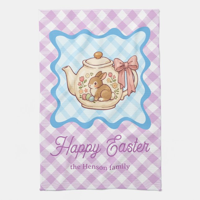 Happy Easter Bunny Teapot Gingham  Tea Towel (Vertical)