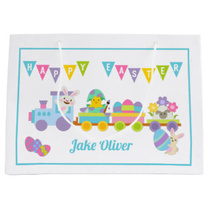 Happy Easter Bunny Train Blue Large Gift Bag