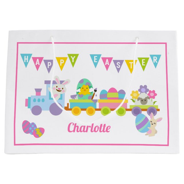 Happy Easter Bunny Train Pink Large Gift Bag (Front)