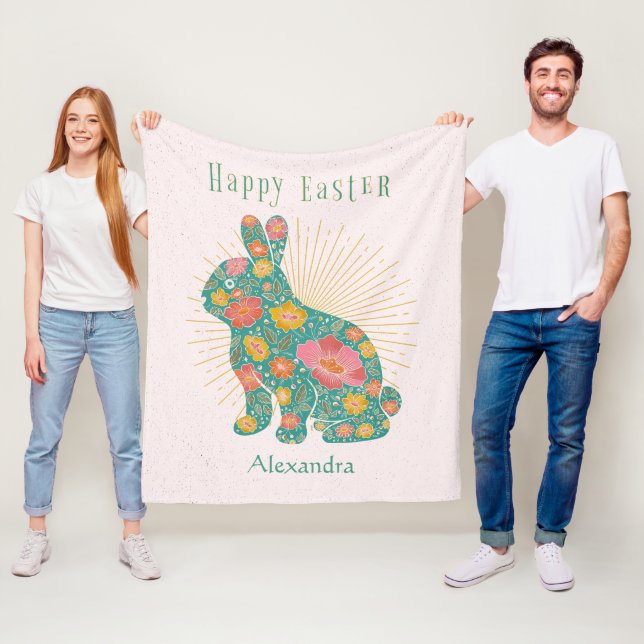 Happy Easter Bunny Vintage Personalised Pastel Fleece Blanket (In Situ)