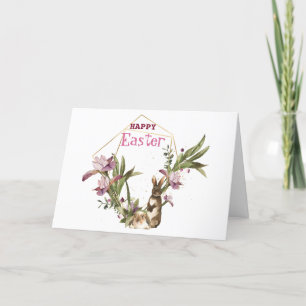 Happy Easter Bunny Violet Magnolia Gold Wreath Holiday Card