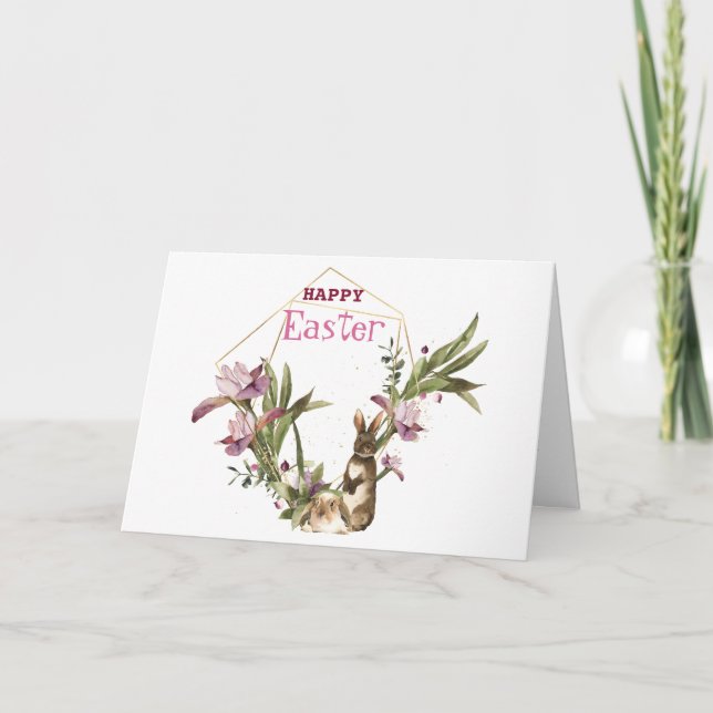 Happy Easter Bunny Violet Magnolia Gold Wreath Holiday Card (Front)