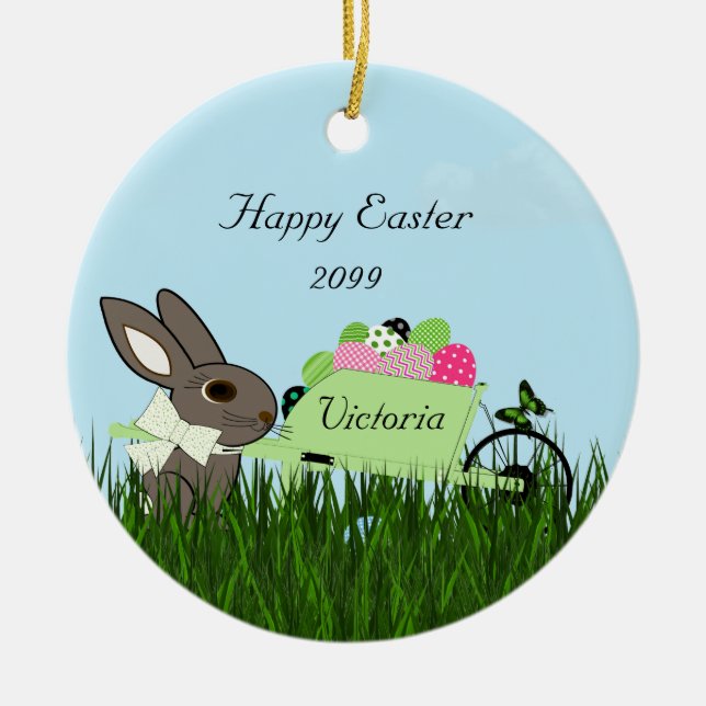 Happy Easter Bunny w Wheelbarrow of Eggs Ceramic Ceramic Tree Decoration (Front)