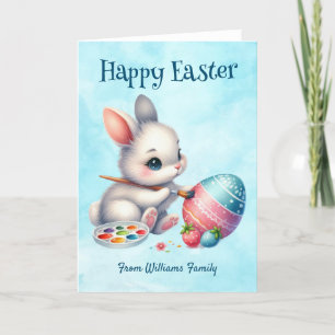 Happy Easter, Bunny Water colouring an Easter egg Holiday Card