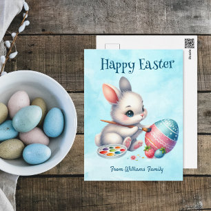 Happy Easter, Bunny Water colouring an Easter egg Holiday Postcard