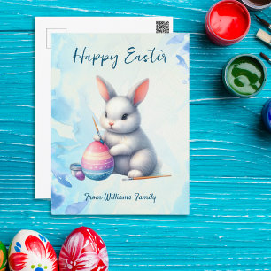 Happy Easter, Bunny Water colouring an Easter egg Holiday Postcard
