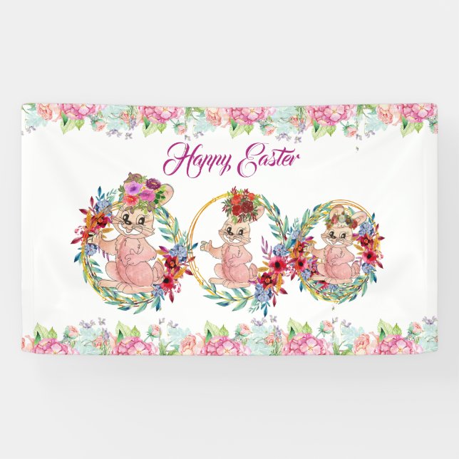Happy Easter Bunny Watercolor Floral Wreath  Banner (Horizontal)