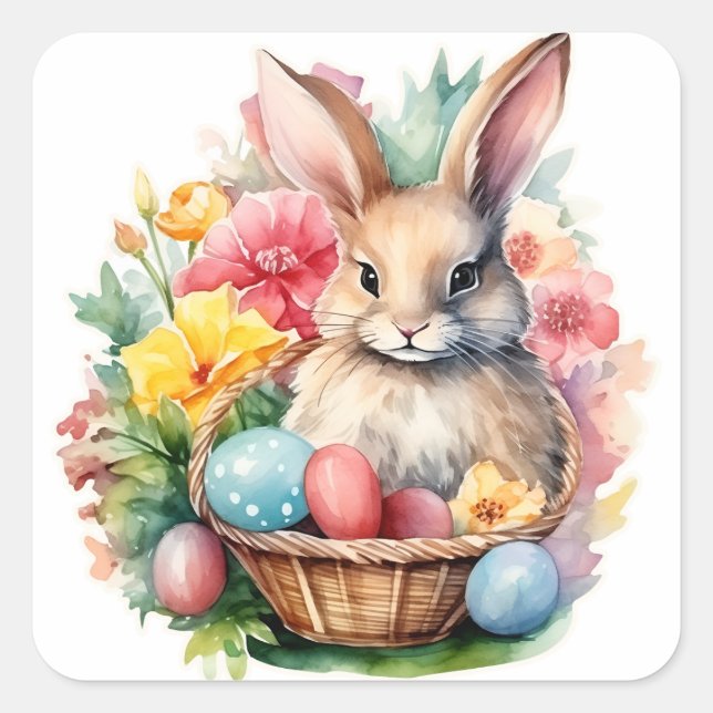 Happy Easter Bunny Watercolor painting Square Sticker (Front)