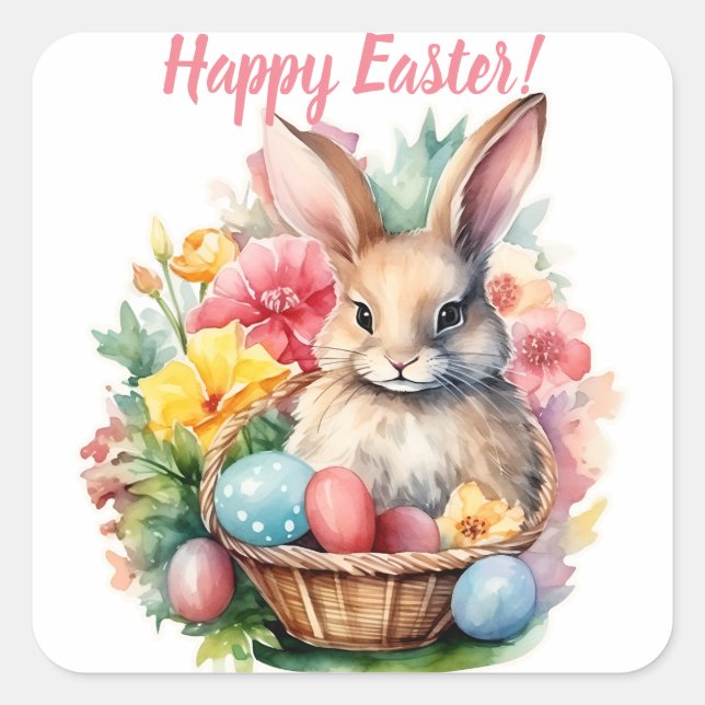 Happy Easter Bunny Watercolor painting Square Sticker (Front)
