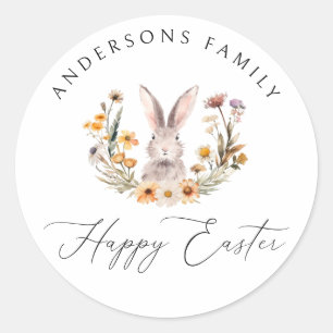 Happy Easter Bunny Wildflower Floral Wreath Classic Round Sticker